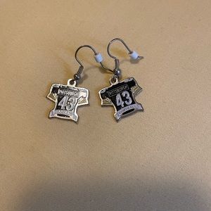 Steeler football jersey earrings with Troy Polamolu’s number